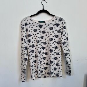 Vintage 90s TerraWear USA Floral Thermal Top// Cream & Navy Waffle Knit
